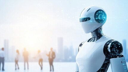 Naklejka premium Futuristic robot stands against a city skyline, showcasing advanced technology and human innovation in a modern setting.