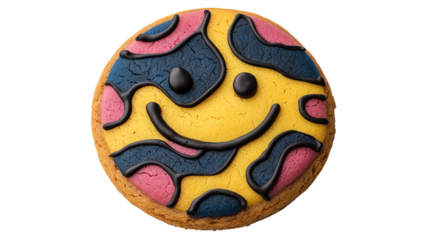 Colorful cookie with a smiley face design, featuring vibrant patterns in pink, blue, and yellow, perfect for celebratory occasions.