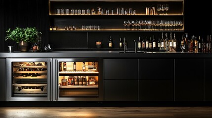 Stylish modern kitchen bar with illuminated wine fridge and liquor cabinets, showcasing an elegant nighttime ambiance
