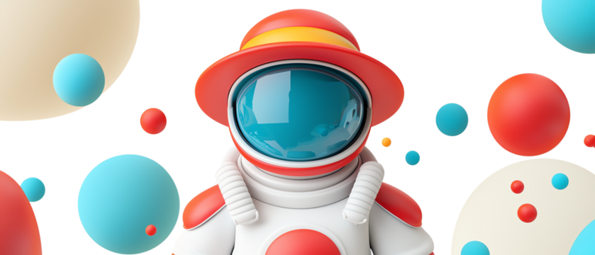 Colorful astronaut character surrounded by vibrant spheres, perfect for children's themes and imaginative space designs.