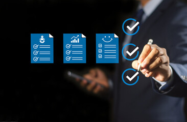 Business performance checklist, satisfaction, and productivity evaluation concept, online survey, online exam