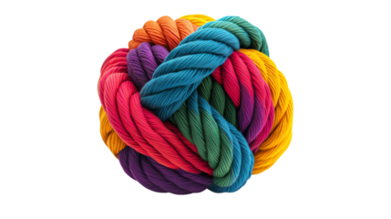 A vibrant, multicolored ball of twisted rope showcasing an array of bright and cheerful colors, ideal for creative projects.