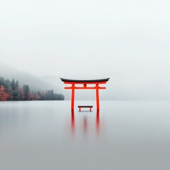 Serene Beauty: Red Torii Gate on Lake Ashi's Shore Near Mount Fuji in Hakone, Japan