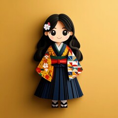 Japanese Girl in Kimono with Cherry Blossoms, Paper Art Style - Vector Illustration of National Dress and Craft