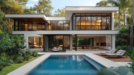 Fototapeta premium Contemporary Elegance: A Stylish Home with a Beautiful Pool for Relaxation