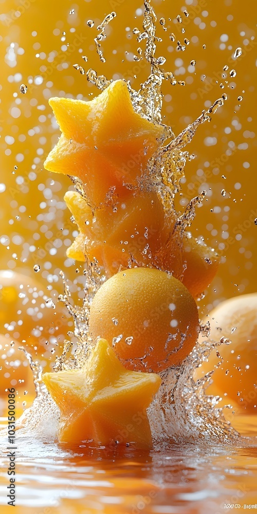 Poster a refreshing splash of water creates a dynamic scene with starfruit and oranges, capturing a burst o
