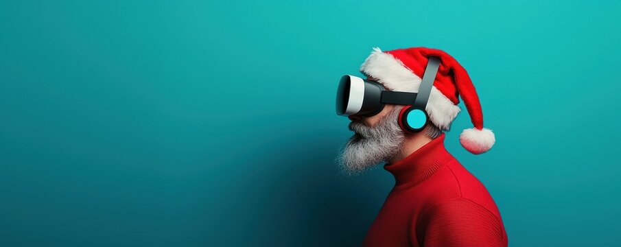 A robotic Santa delivering virtual reality presents, A joyful man in a Santa hat experiences virtual reality, showcasing a blend of holiday spirit and modern technology.