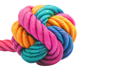 Vibrant and colorful knot made of thick rope, perfect for illustrating concepts of strength, connection, and creativity.