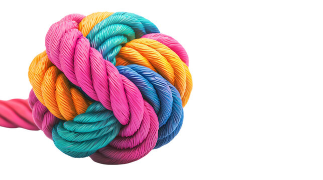 Vibrant and colorful knot made of thick rope, perfect for illustrating concepts of strength, connection, and creativity.