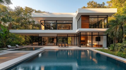 Obraz premium Architectural Beauty: A Modern Home Featuring an Inviting Swimming Pool