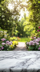 Obraz premium Marble Tabletop on a Flower Garden Background.