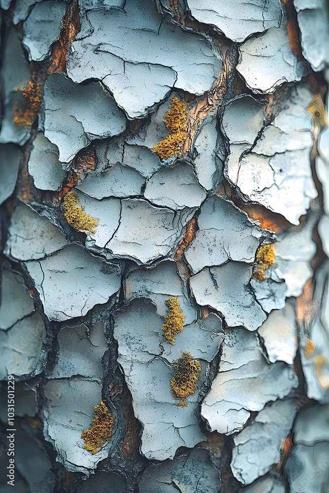 Aufkleber close-up of a tree's bark with a unique texture and patterns.