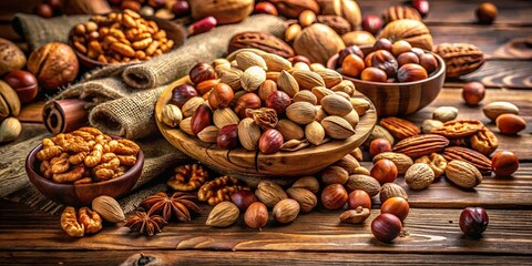 Naklejka premium A symphony of nutty textures and flavors, showcasing a variety of whole nuts and kernels arranged in rustic bowls and scattered on a weathered wooden surface.