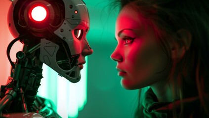 Obraz premium A woman looking at a robot with glowing eyes. AI.