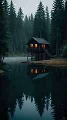 Fototapeta premium wooden house on lake