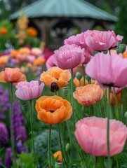 A garden of colorful flowers in a park with a gazebo. AI.