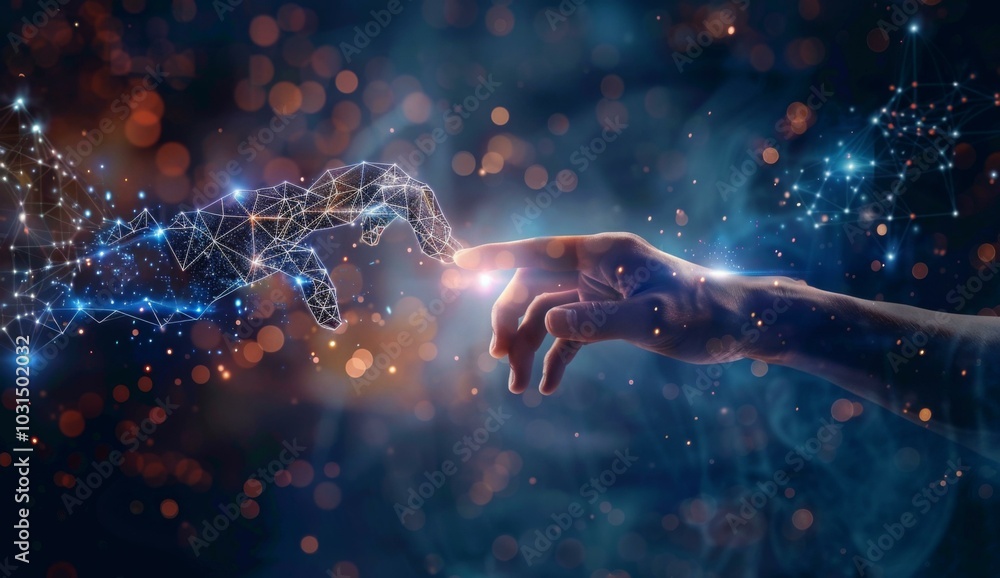 Canvas Prints a hand reaching out to a glowing dot with lines connecting it. ai.