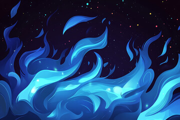 Abstract digital artwork depicting flowing blue flames against a dark, starry background.
