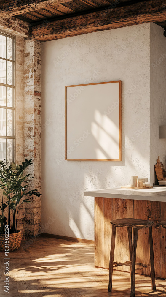 Wall mural Bright sunny kitchen dining room area interior mockup neutral southwest boho wooden furniture with one frame wall art comfortable breakfast counter and stools big window simple clean lines copy space