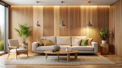 Minimalistic Living Room with Beige Couch and Wooden Wall for Tranquil Home Decor Inspiration