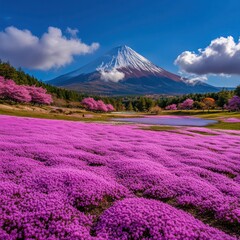 Fuji and Pink Moss Field at Shibazakura Festival, Yamanashi, Japan