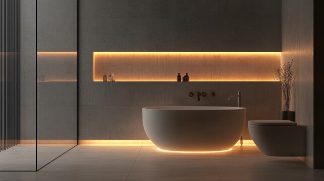 3D render of a minimalist bathroom with LED strips accenting shower niches and a hidden cistern toilet blending into the wall.