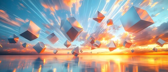 Obraz premium Abstract silver geometric shapes float in the sky, with rays of light and a vibrant sunset reflected in the calm water below.