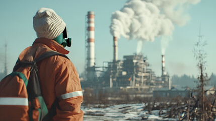 Naklejka premium A man with protection suit stands near industrial with smoke and dead trees, a factory emissions, toxic air on the environment, climate change, air pollution, and human-driven destruction of nature.