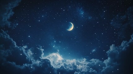 Calm Night Sky with Crescent Moon and Stars