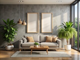 Minimalist Living Room with Blank Poster Frames and Beige Sofa for Modern Decor Ideas