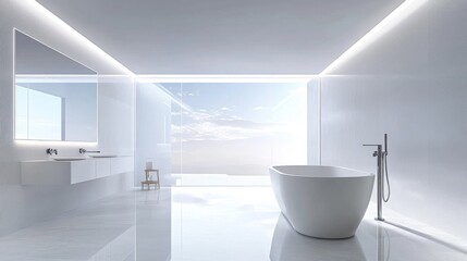 Photorealistic rendering of a contemporary bathroom with clean lines, hidden plumbing, and LED strips embedded in ceiling coves.