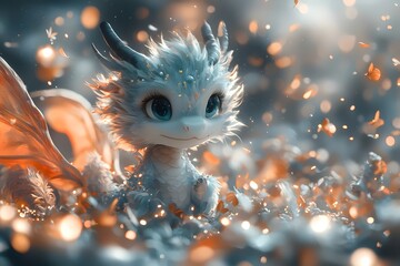 A cute, fluffy dragon with big blue eyes smiles as it sits amongst shimmering orange and white lights.
