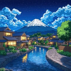 Naklejka premium Nighttime Serenity: Japanese Village with Buddhist Temple and Shinto Shrine, Featuring Mount Fuji in Dark Fantasy Anime Comics Artstyle 
