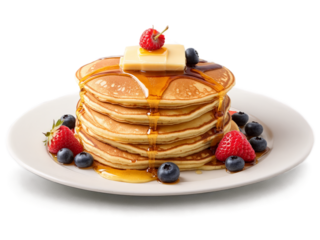 Pancakes Fluffy buttermilk pancakes stacked high and served with warm maple syrup butter and fresh