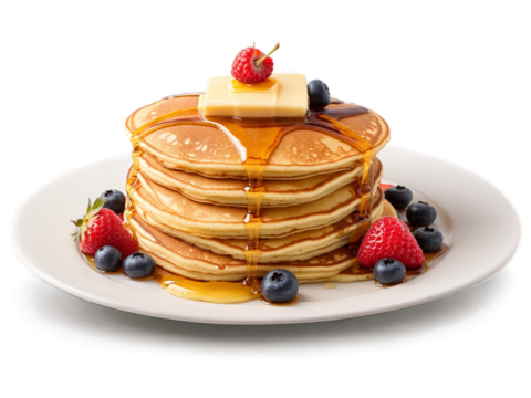 Pancakes Fluffy buttermilk pancakes stacked high and served with warm maple syrup butter and fresh