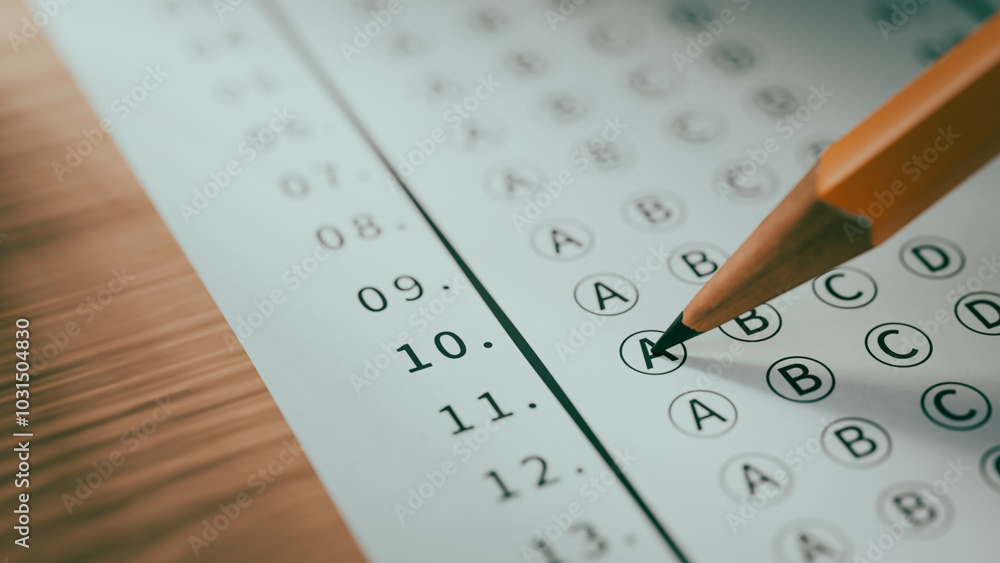 Poster marking the answer sheet with a pencil while taking a exam at school. 3d rendering