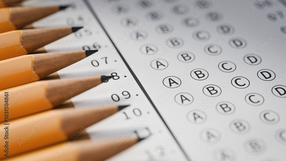 Aufkleber marking the answer sheet with a pencil while taking a exam at school. 3d rendering