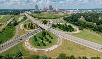 Salem Parkway freeway interchange and downtown Winston-Salem, North Carolina, United States.