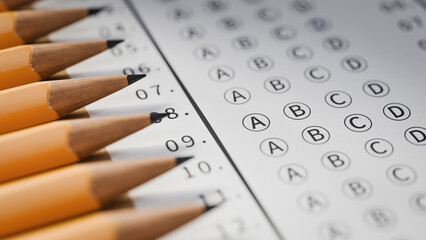 Marking the answer sheet with a pencil while taking a exam at school. 3d rendering