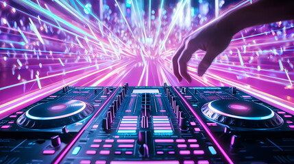 DJ Beats the Night:  A vibrant and energetic image of a DJ's hands mixing music on a professional...