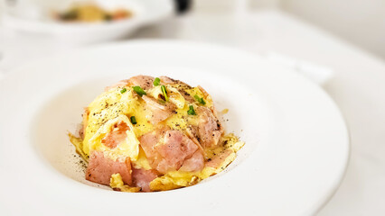 Scrambled Eggs With Ham and Mushroom top on Rice.