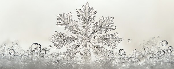 Obraz premium Closeup view of a snowflake with stunning patterns, gently drifting against a soft white background, celebrating natures winter artistry