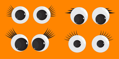 A set of plastic toy eyes. Glossy, bulging, puppet eyes. Cute, round, vector, isolated elements. Look down, up, left, right. Different, shaking, silly, hilarious pairs of eyeballs.