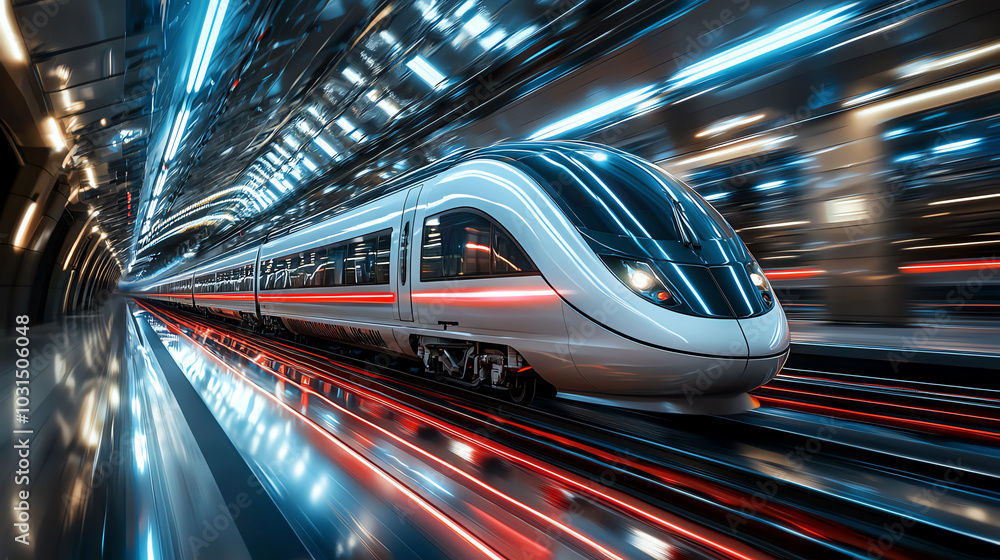 Poster futuristic train speeding through a modern underground station with dynamic lighting and motion blur