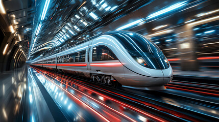 Futuristic train speeding through a modern underground station with dynamic lighting and motion blur.