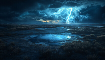 Fototapeta premium A vast plain frozen in time during a violent storm—lightning bolts, swirling clouds, and even raindrops are suspended in midair