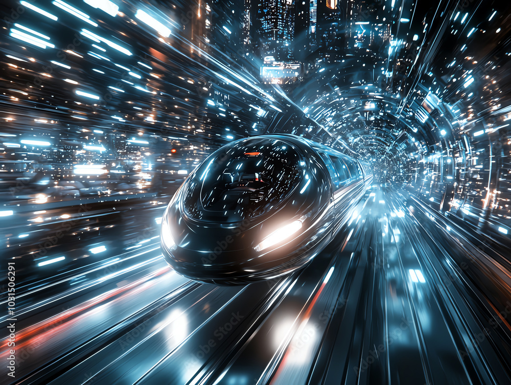 Poster futuristic train traveling through a high-speed tunnel with dynamic light effects.