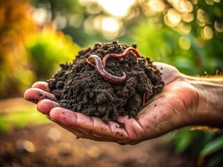 Minimalist Soil and Earthworm Photography - Hand Holding Lumbricus terrestris in Nature