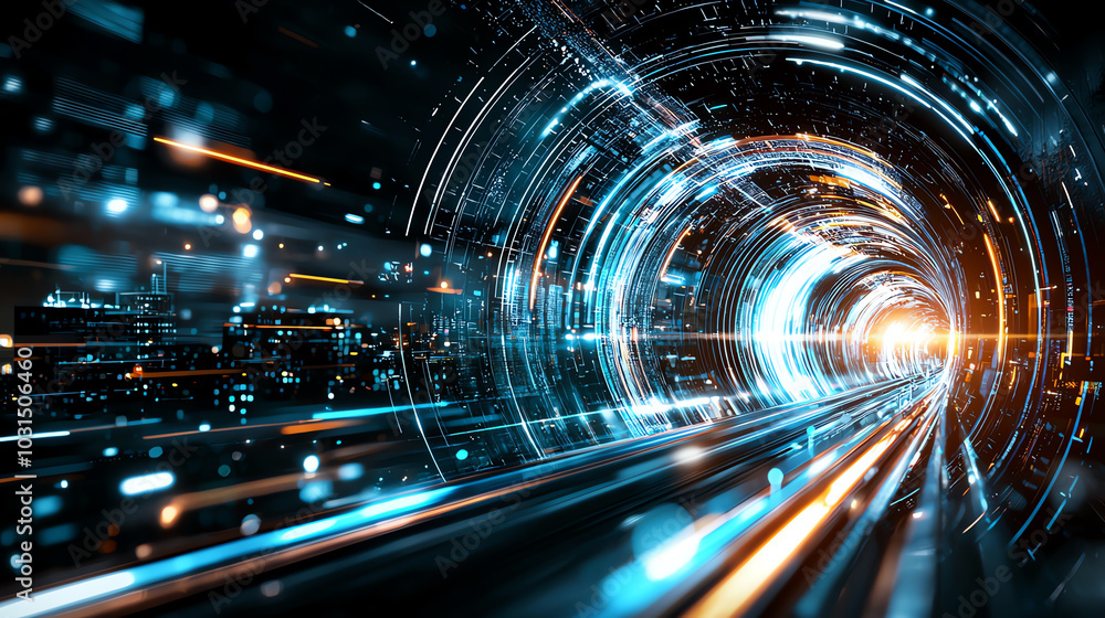 Poster futuristic tunnel with glowing lights, creating a sense of speed and motion.