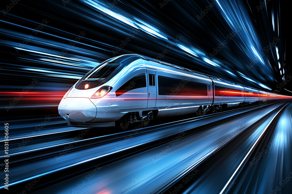 Poster high-speed train in motion with dynamic light effects on a blurred background.